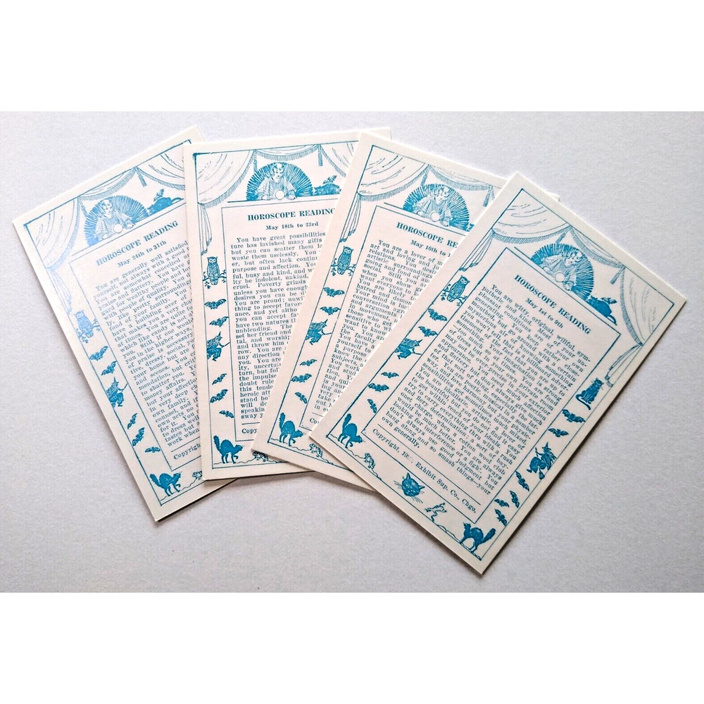 4 Exhibit Horoscope Readings Fortune Teller Cards Bats Cats Witches May Vintage